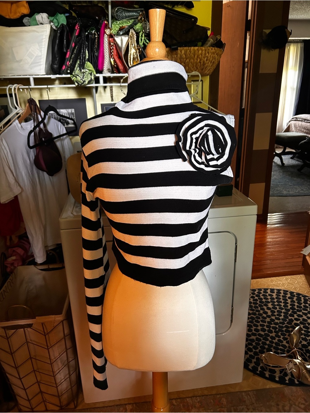 Black and White Striped Turtleneck Crop Sweater with Rosette